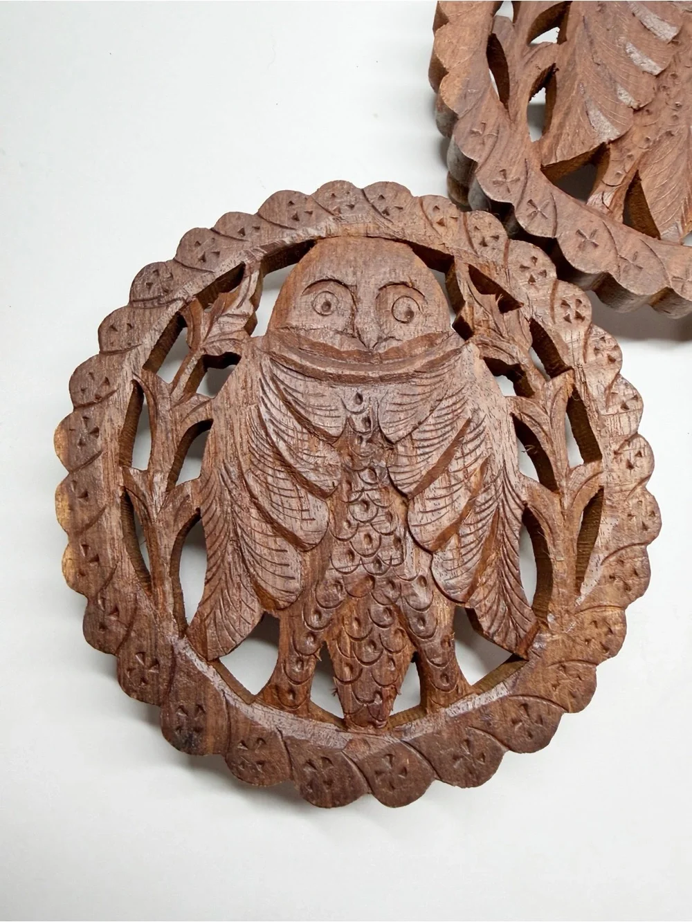 Vintage Hand Carved Wood Owl Trivets Coasters Set of 3